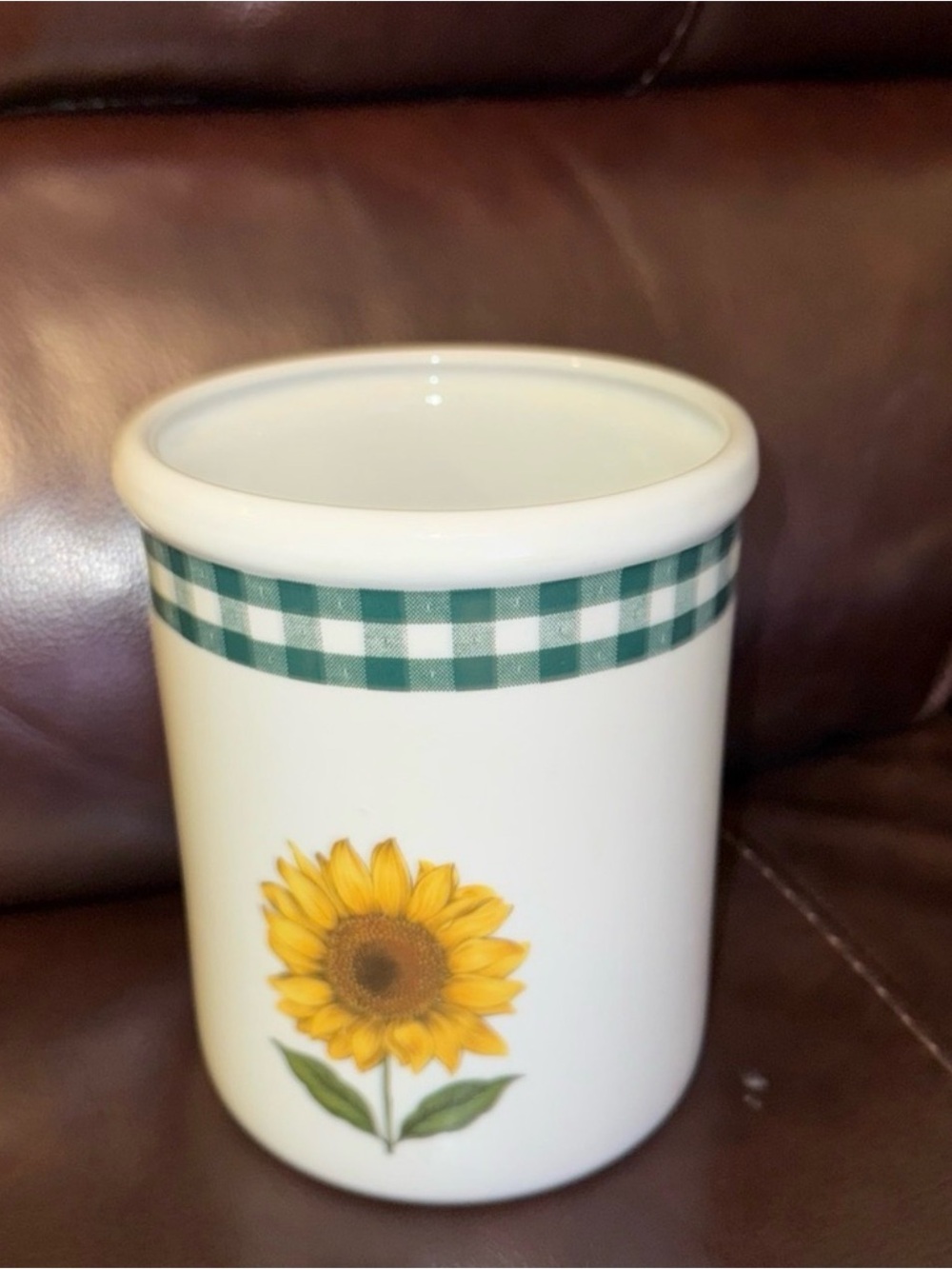 Cordon Bleu Sunflower Ceramic Utensil Holder with Green Gingham Trim